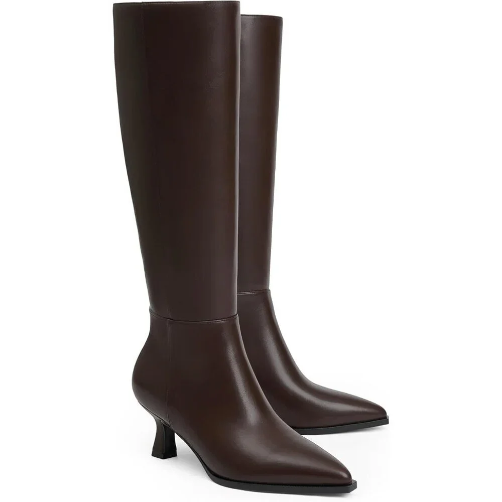 Women's Chocolate Pu Kitten Low Heel Toe Side Zipper Long Tall Knee High Boots